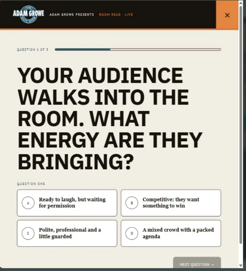 First question in Adam Growe’s Room Read quiz, asking about the audience’s energy
