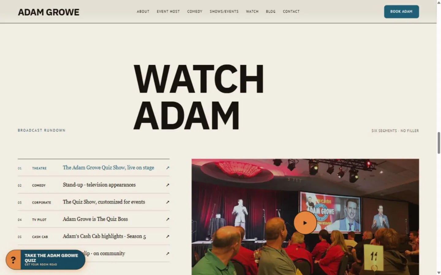 Adam Growe’s live website showing a six-clip video selector and Quiz Show performance preview