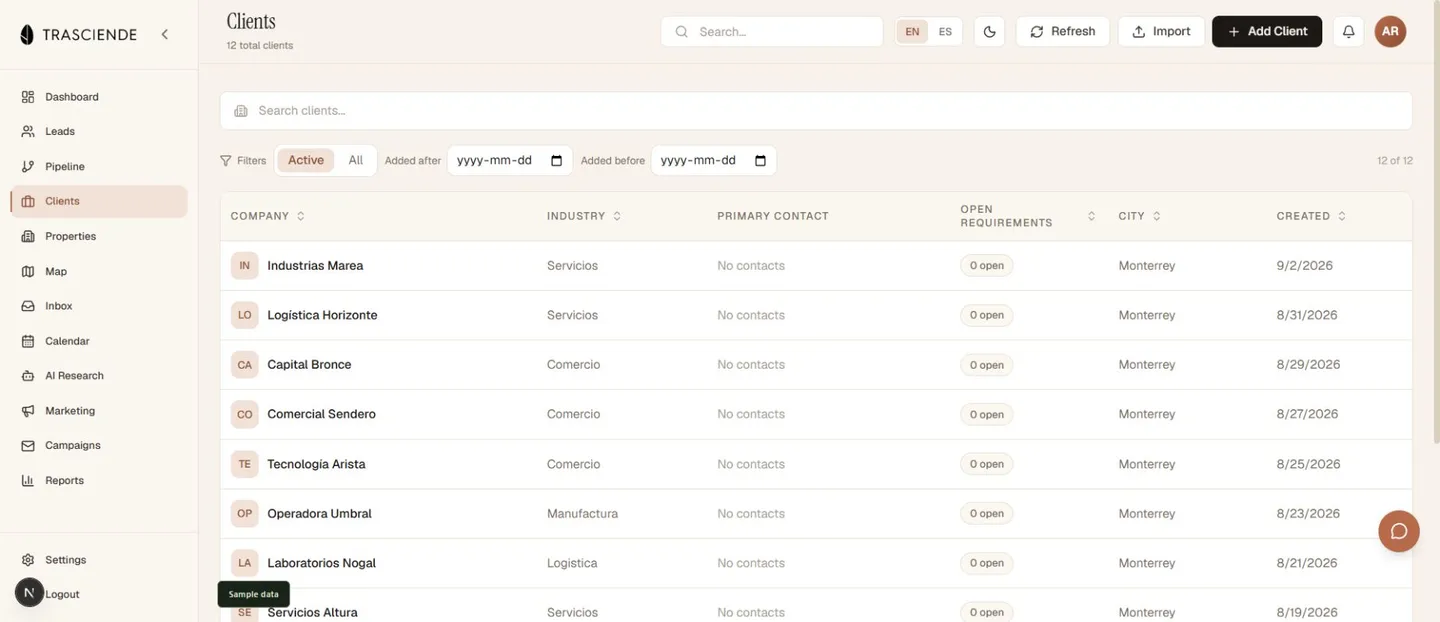 Monterrey CRM client workspace showing sample companies and contacts