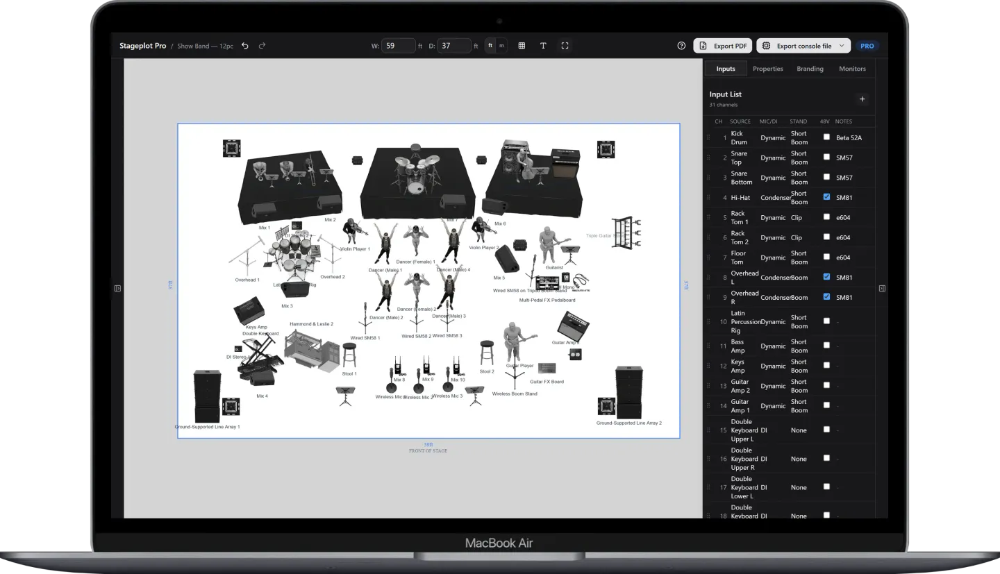 StagePlot Pro editor with a complete showband stage layout and numbered inputs